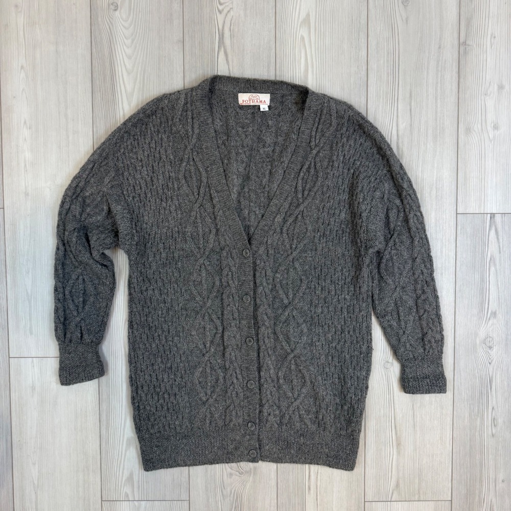 Fotrama 100% Alpaca Wool Cable Knit Cardigan Sweater Gray XL Hand Made Bolivia